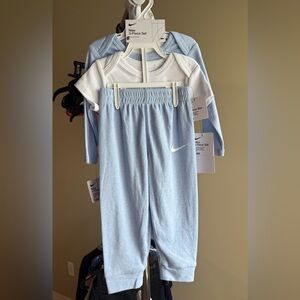 Nike Baby Blue White 3 Piece Set Pants Short & Long Sleeve Bodysuits 18 Months